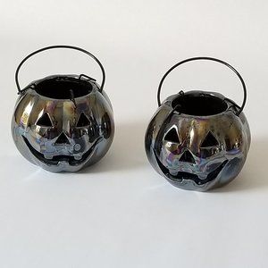 Set of 2 Jack-o'-Lantern Halloween Iridescent Candle Holders